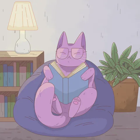 A purple cat in glasses reading a book in a navy beanbag next to a lamp, a bookshelf and a potted plant