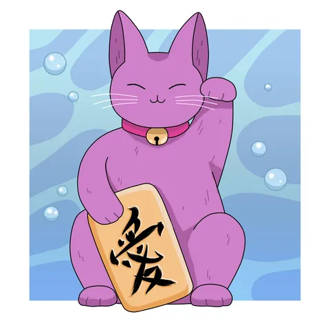 A purple lucky cat holding a gold tile with the kanji for love, on a blue underwater background with rising bubbles