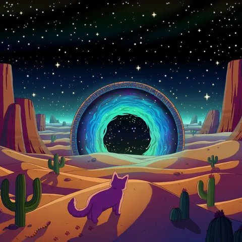 A purple cat walking over orange desert dunes with saguaro cacti toward a glowing blue-ringed stone portal under a starry sky