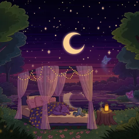 A canopy bed with string lights and sheer curtains on a hilltop under a crescent moon and stars, a purple cat asleep inside by a glowing lantern